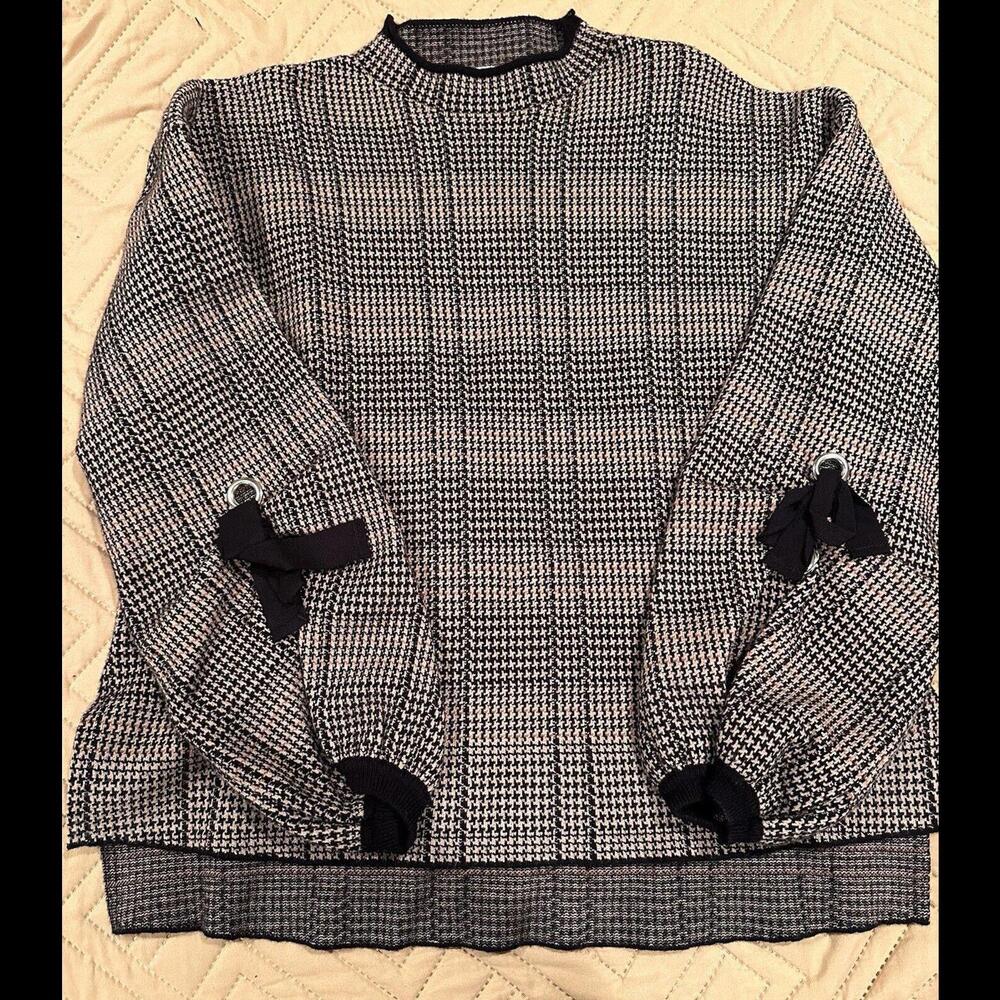 Molly Bracken Sweater Womens S/M Tan Black Plaid Balloon Sleeve Mock Neck Retro